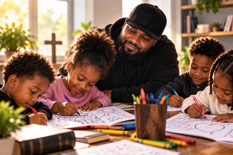 Children coloring with adult watching