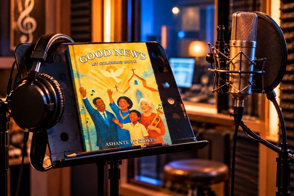 Good News coloring book on music stand with microphone nearby in recording studio