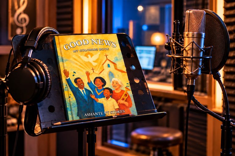 Good News coloring book on music stand with microphone nearby in recording studio