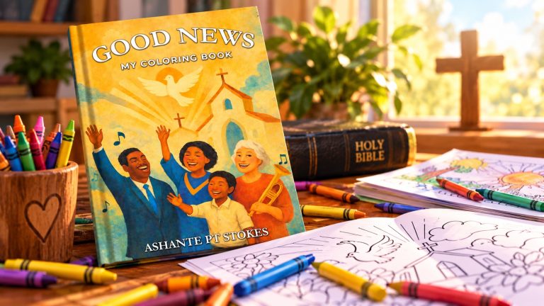 Coloring book display with crayons